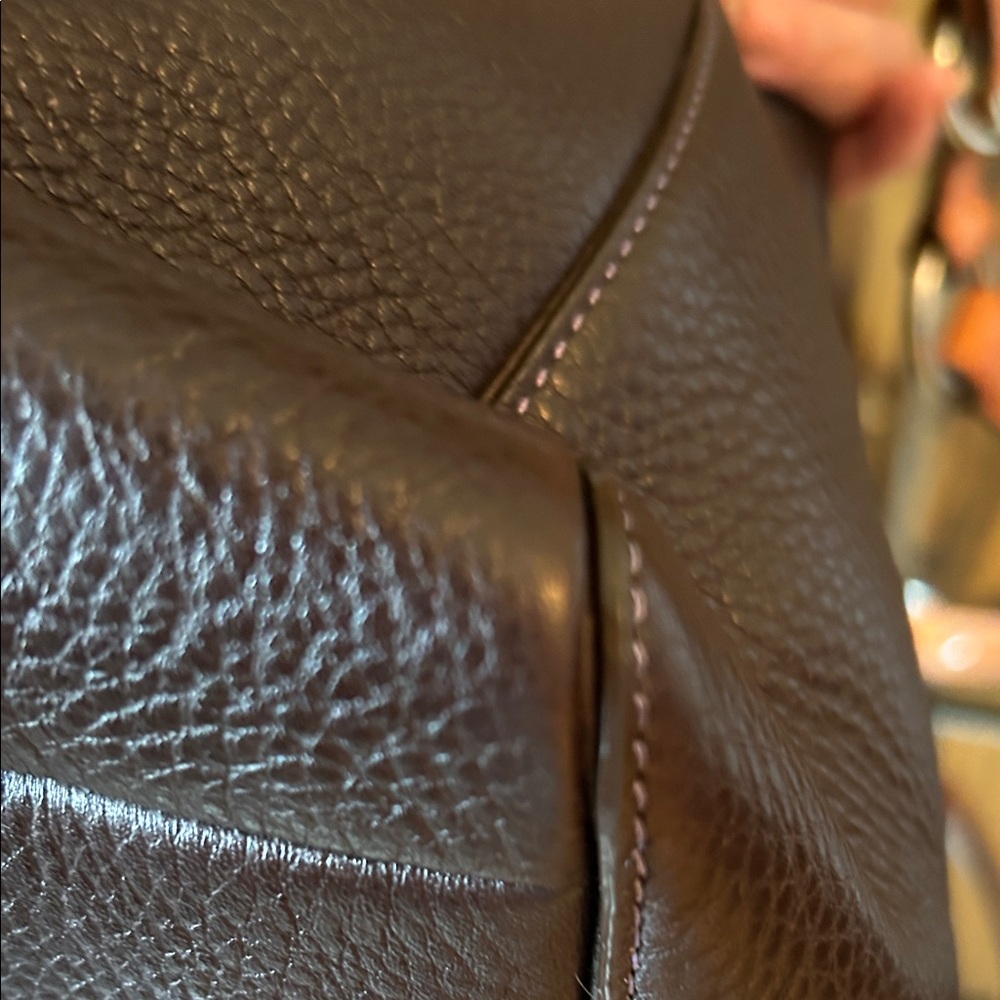 Coach Dark Brown Leather Shoulder Bag with purple stitching and lining - Picture 8 of 16